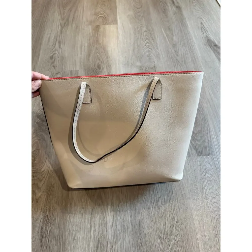 Kate Spade Leather Travel Tote Beige Pebbled Leather Zip Top